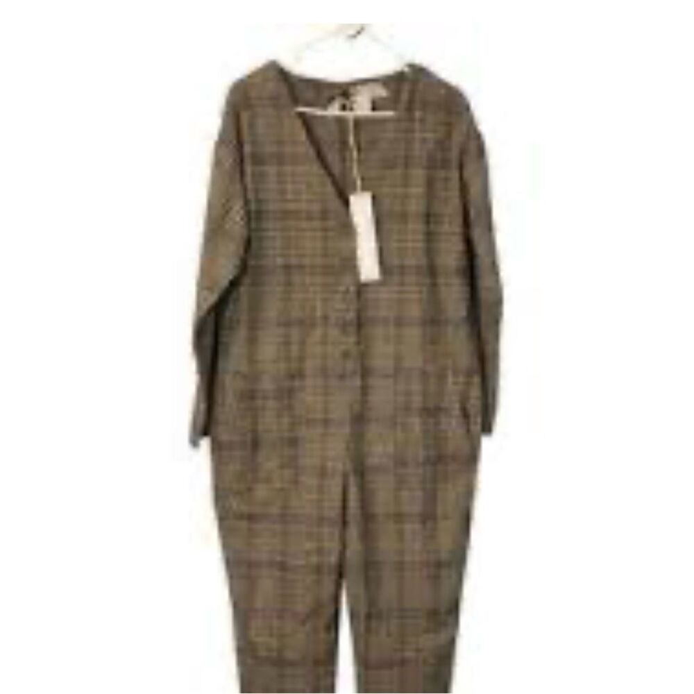 0023 Lumiere Brown Plaid Long-Sleeve Jumpsuit